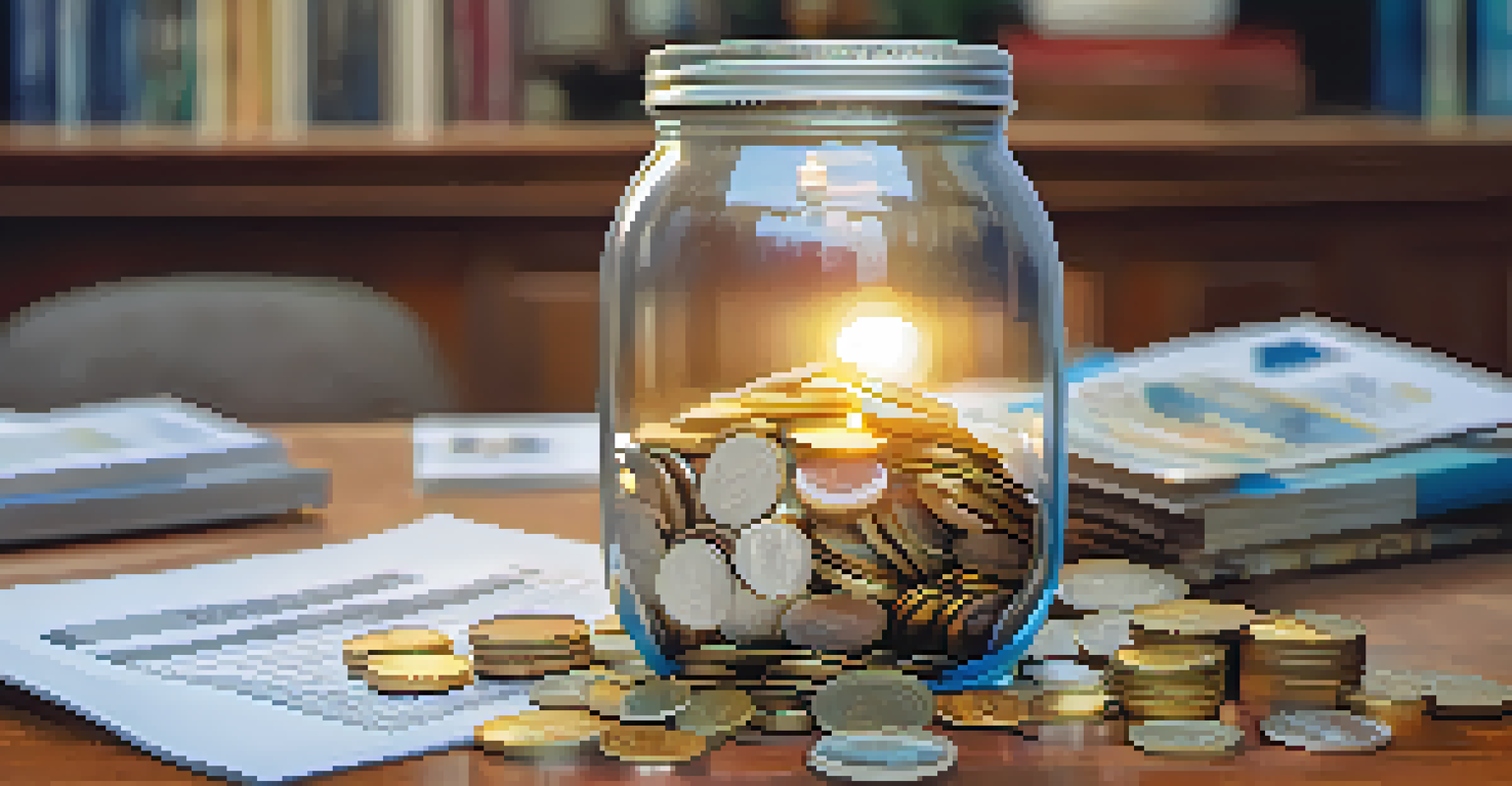 A glass jar filled with coins and dollar bills symbolizing an emergency fund, with a family in the background.