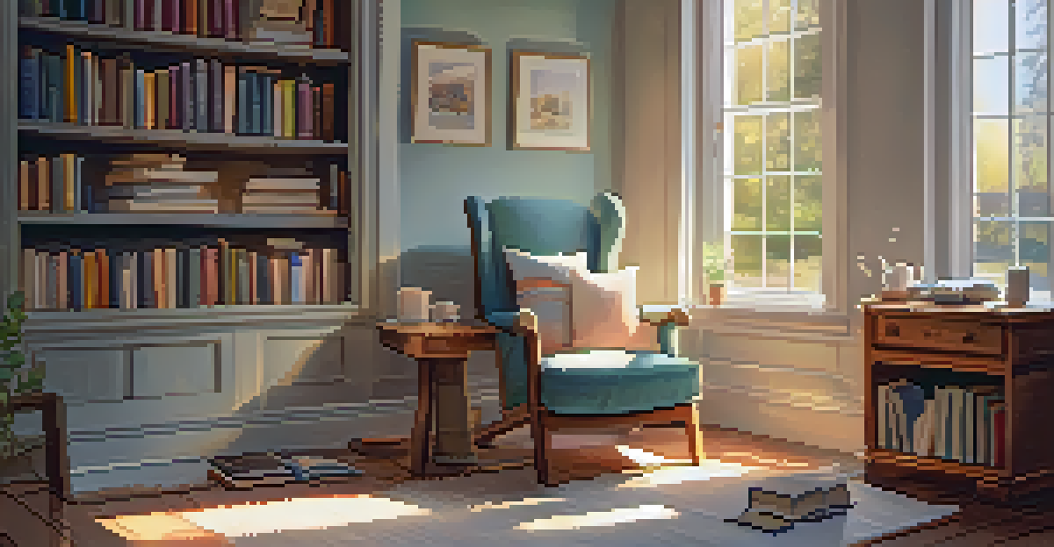 A cozy room with warm light, an armchair, a cup of tea, and books on the shelf, creating a relaxing environment.
