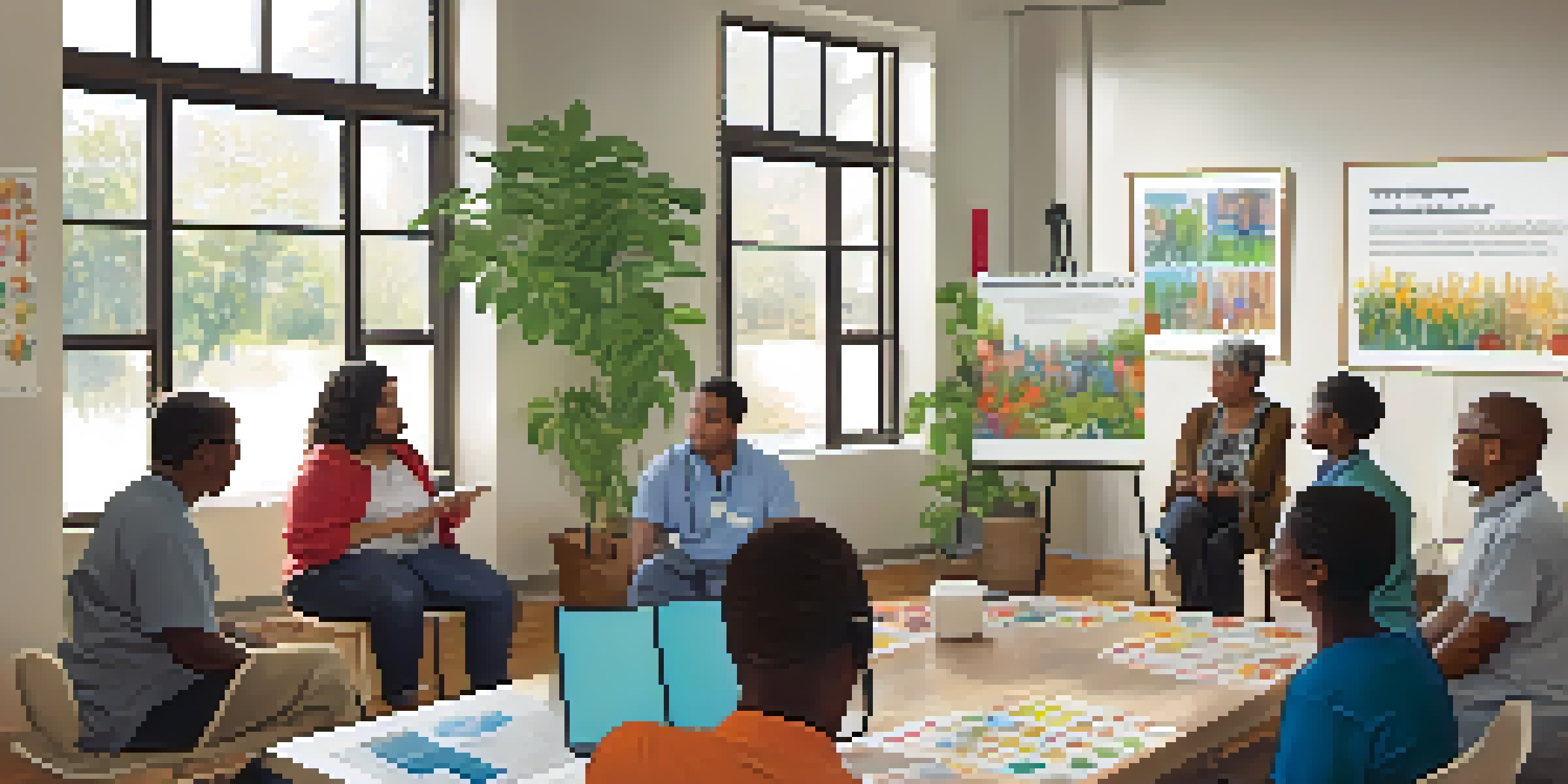 A diverse group of people participating in a health literacy workshop, with a healthcare provider explaining concepts using visual aids in a bright, welcoming room.
