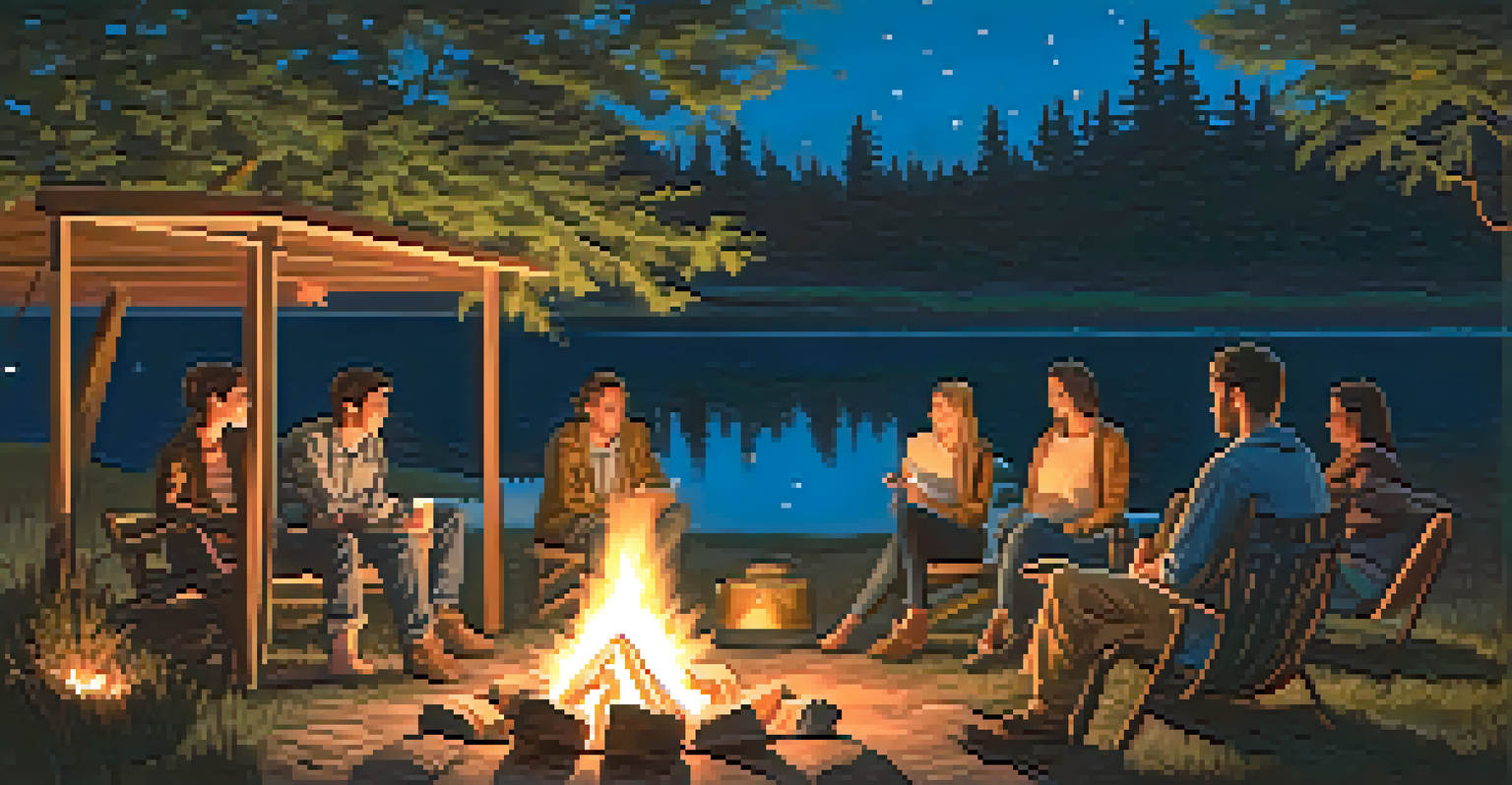 A group of people sitting around a campfire at dusk, sharing stories, with a starry sky above.