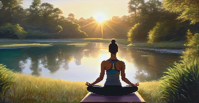 An athlete practicing yoga in a peaceful outdoor setting during sunrise, surrounded by trees and greenery.