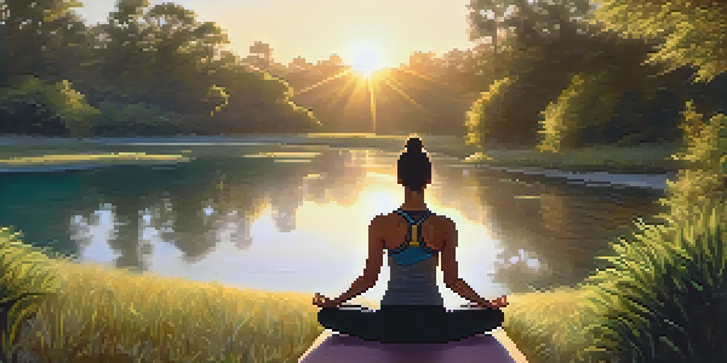 An athlete practicing yoga in a peaceful outdoor setting during sunrise, surrounded by trees and greenery.