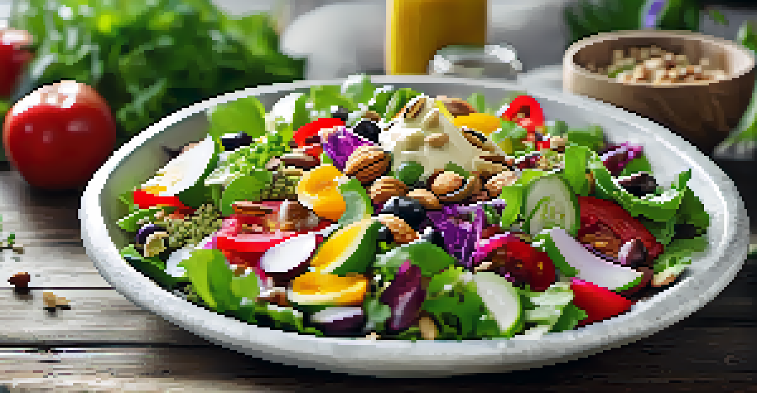 A colorful salad with vegetables, grains, and herbs on a wooden table, surrounded by fresh produce.