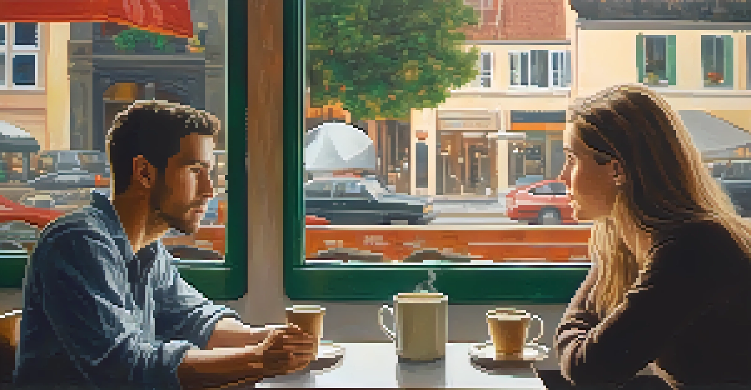 Two people at a café table, one sharing feelings while the other listens, with coffee cups in front.