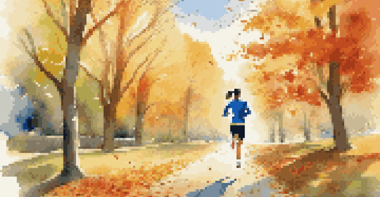 An athlete jogging in a park with autumn leaves, wearing a fitness tracker.