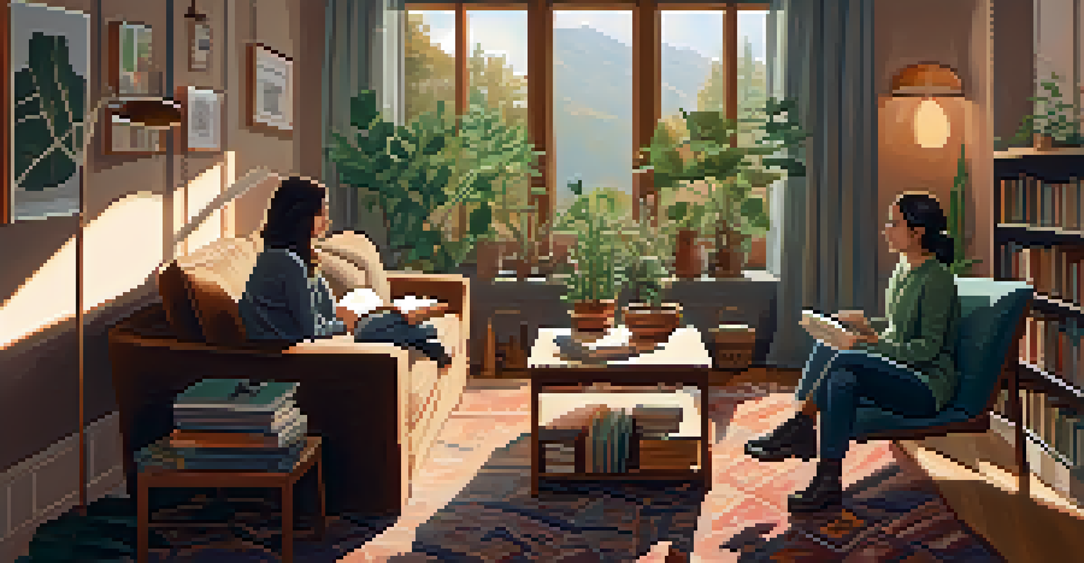 A couple talking in a cozy living room with a fireplace.
