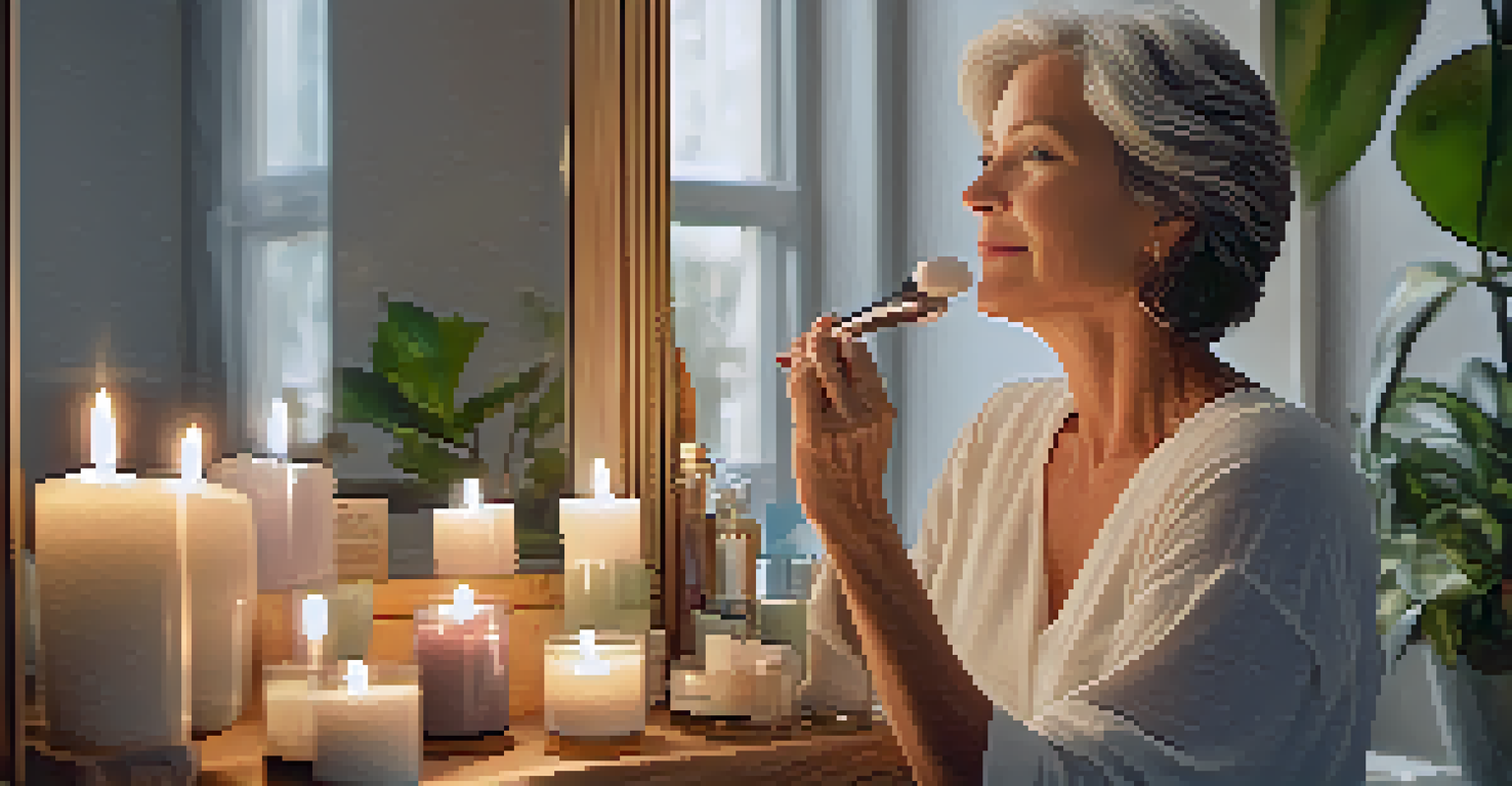 A woman in her 50s applying skincare products in a cozy, well-lit room filled with plants and candles.