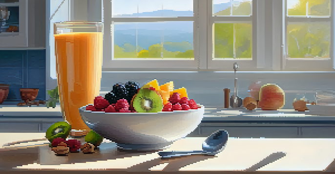 A colorful smoothie bowl with fruits and nuts in a bright kitchen, sunlight streaming through a window.