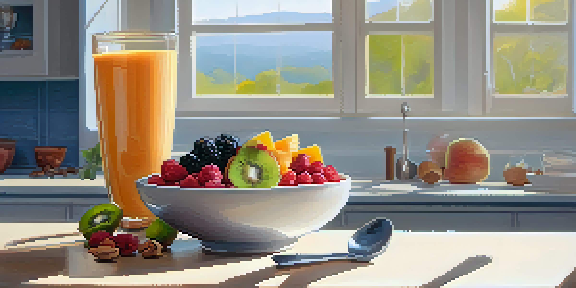 A colorful smoothie bowl with fruits and nuts in a bright kitchen, sunlight streaming through a window.