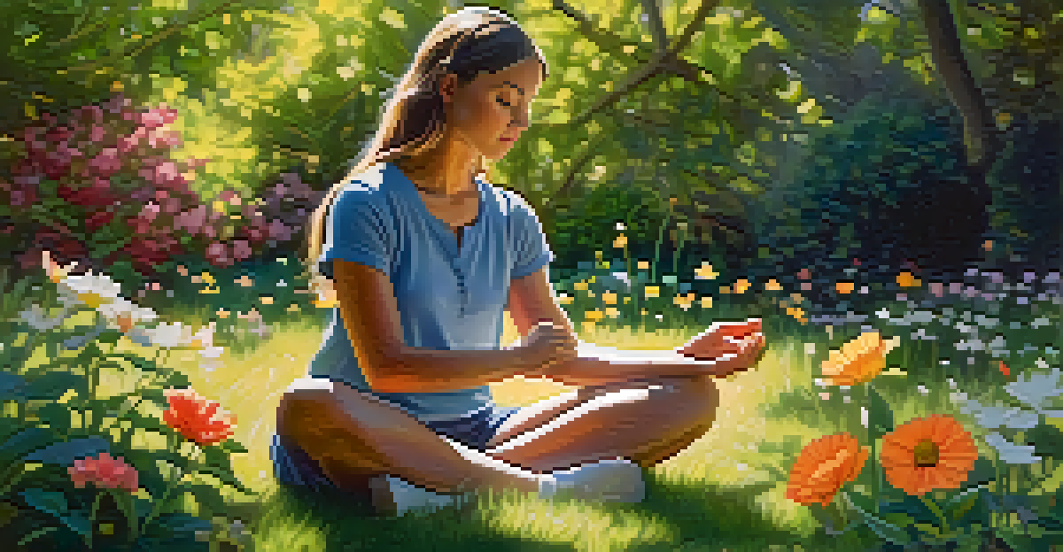 An individual practicing mindfulness in a garden, surrounded by colorful flowers and dappled sunlight.