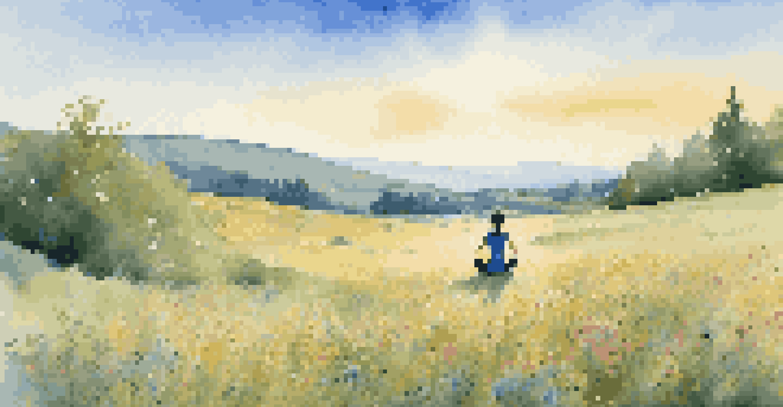 A person practicing yoga in a colorful meadow under a clear blue sky, surrounded by wildflowers.