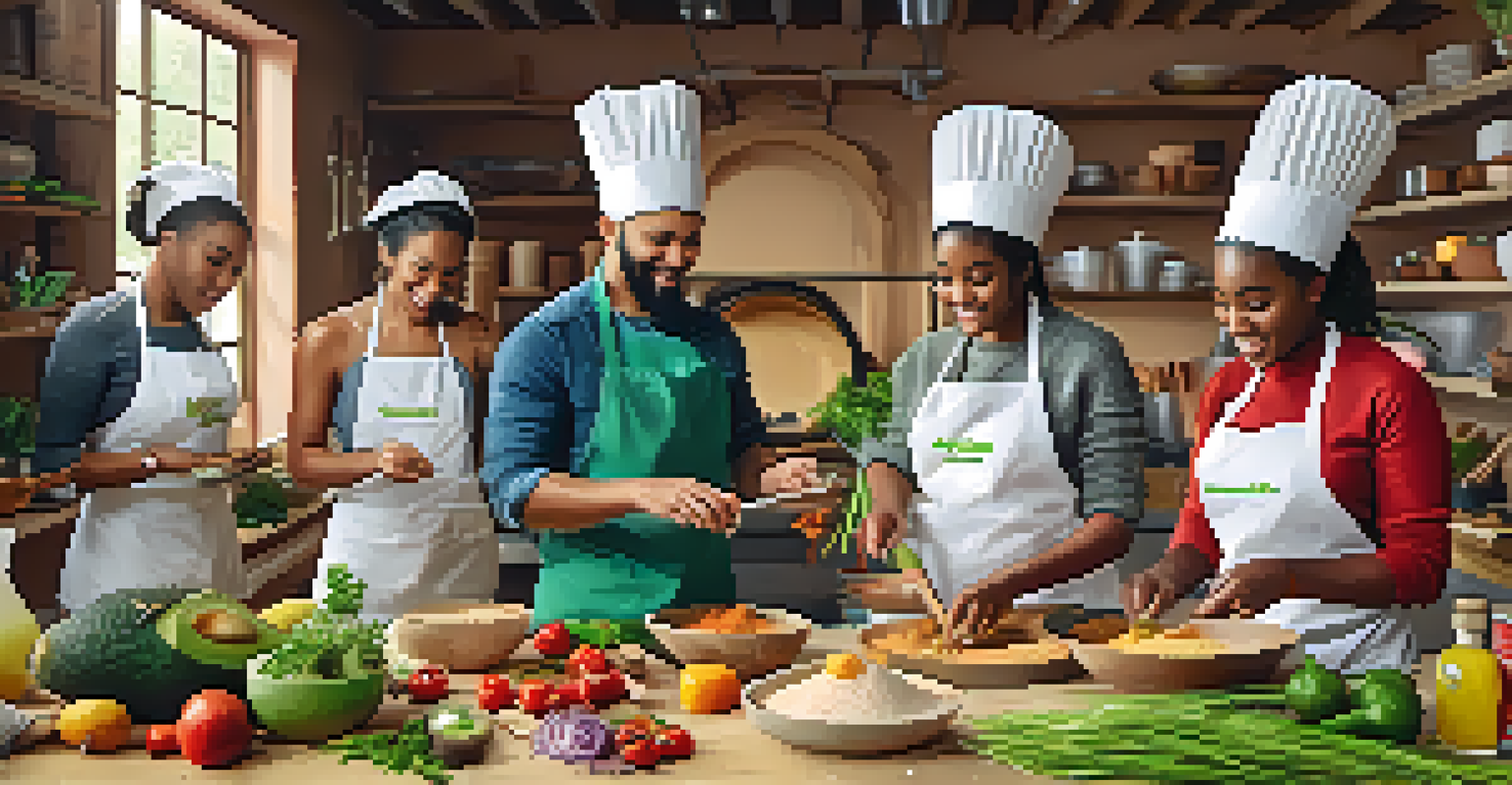 Participants in a cooking workshop engaging with fresh ingredients and learning about healthy cooking swaps in a bright kitchen.