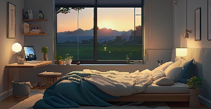 A peaceful bedroom scene with soft lighting, a made bed, a book, and a cup of tea, emphasizing a tech-free atmosphere for sleep.