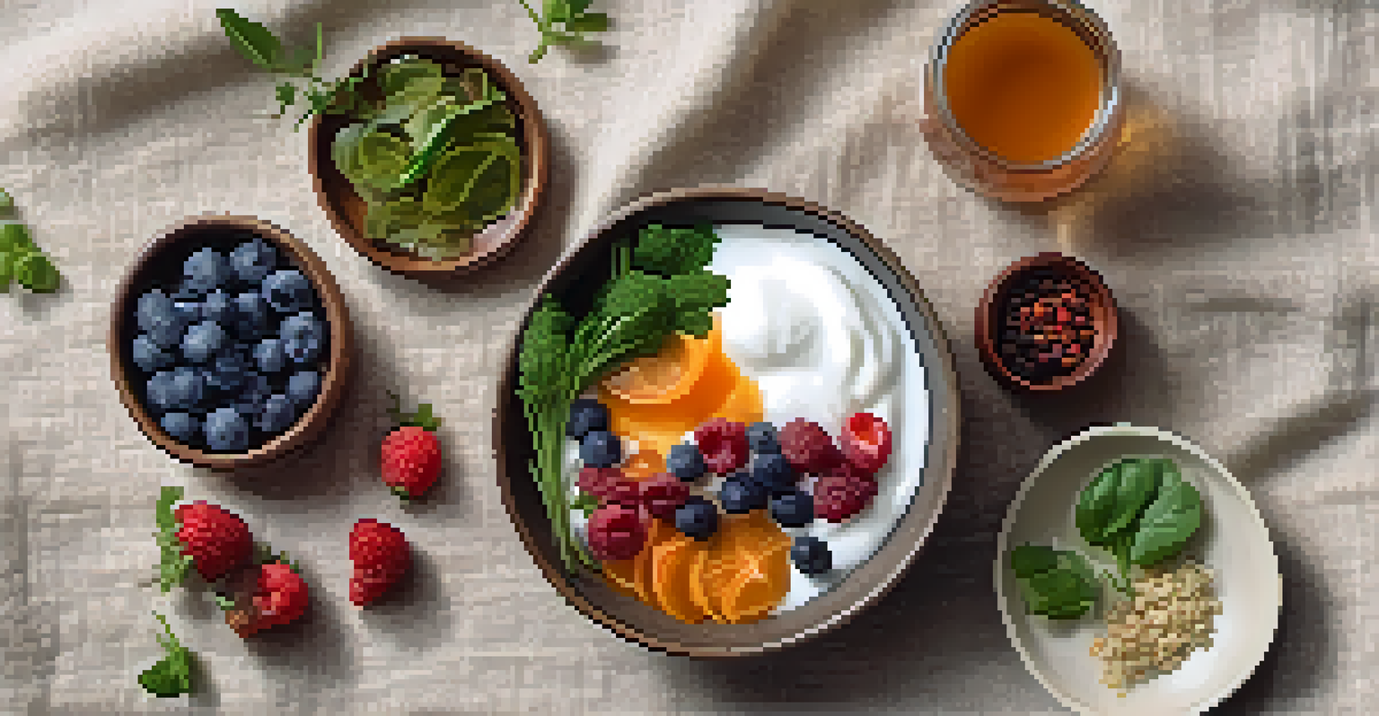 A flat lay of yogurt with berries, pickled vegetables, and a glass of kombucha on a linen cloth, surrounded by herbs.