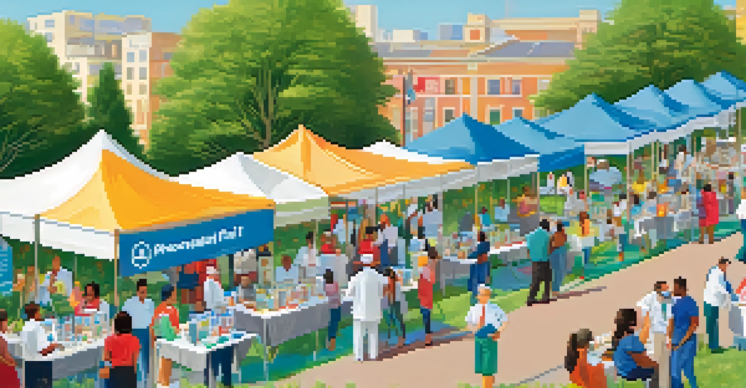 A lively outdoor health fair with diverse people engaging in health screenings and information booths.