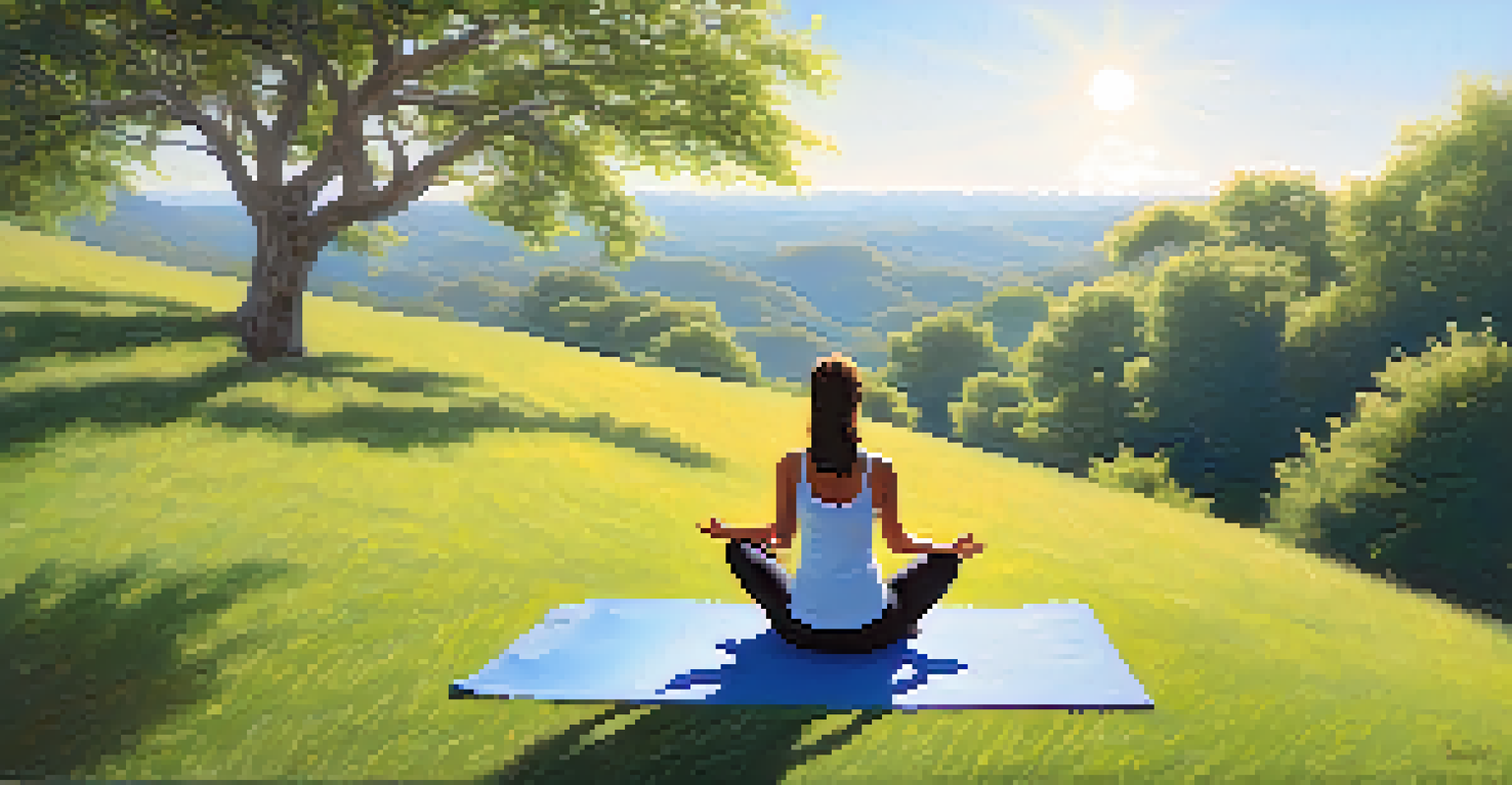 A person practicing yoga on a hillside, surrounded by nature, highlighting the balance of physical and mental health.