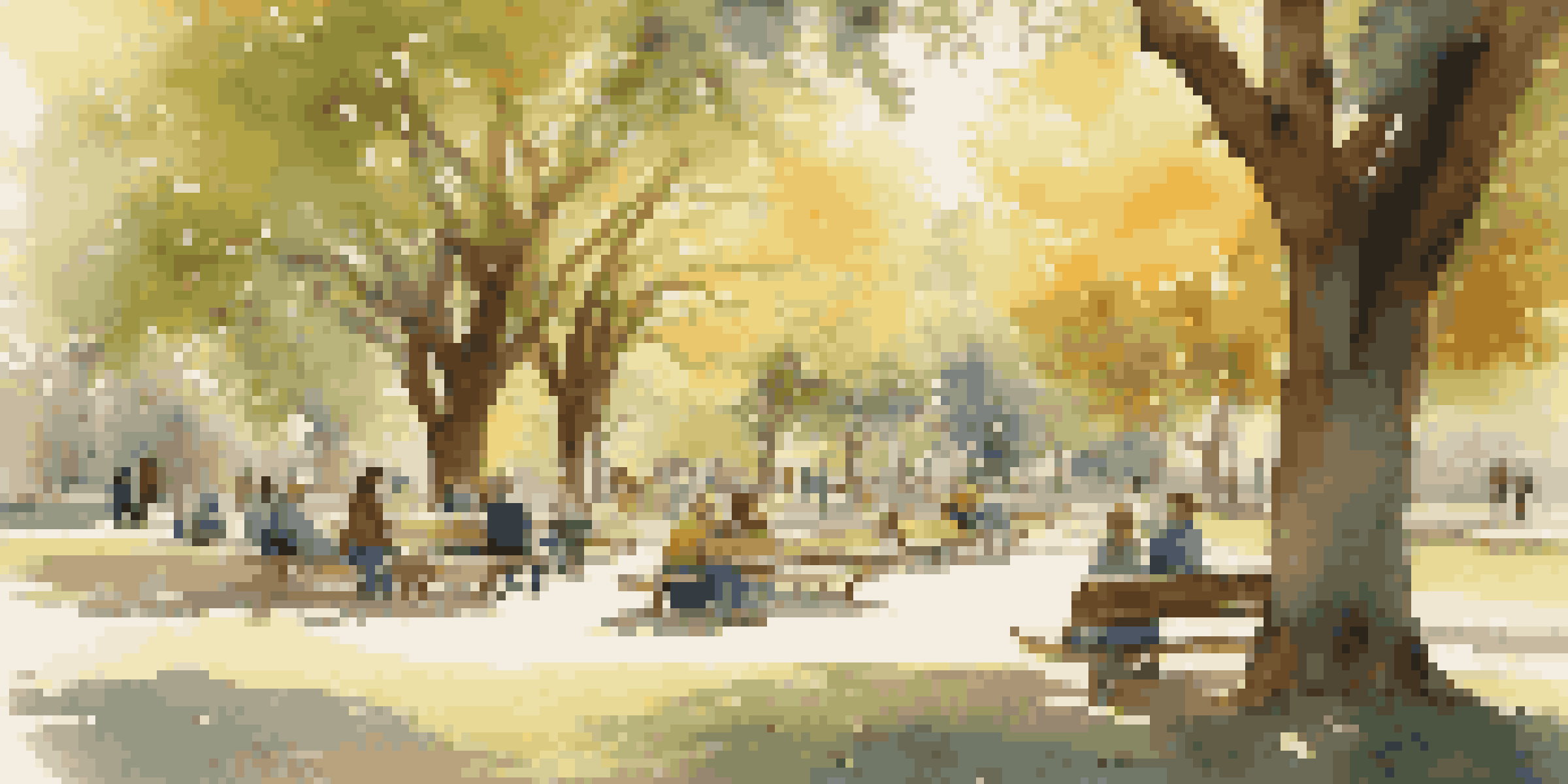 A peaceful community park with individuals of different ages engaging in supportive discussions under warm sunlight.