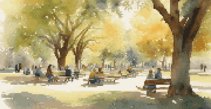 A peaceful community park with individuals of different ages engaging in supportive discussions under warm sunlight.