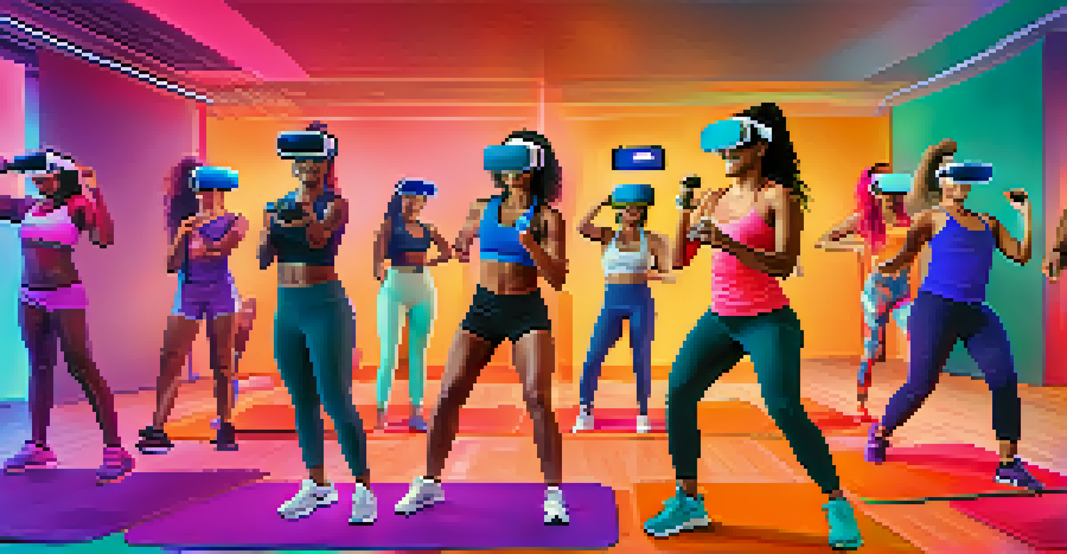A diverse group of people in VR headsets exercising in a colorful virtual fitness class.