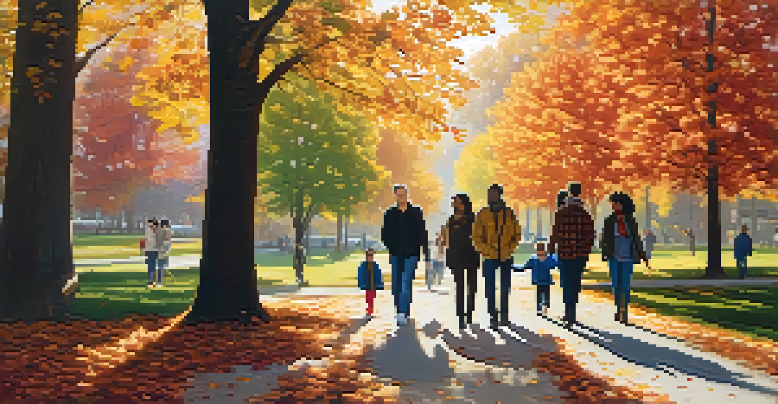 A diverse group of individuals walking together in a vibrant autumn park, surrounded by colorful trees and sunlight.
