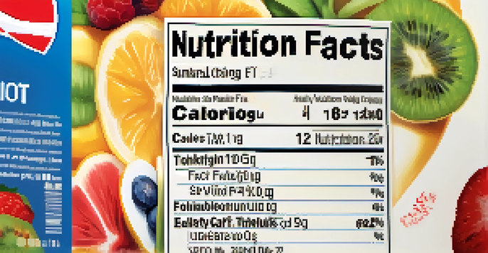 A close-up of a nutrition facts label on a cereal box, surrounded by colorful fruits to emphasize health.
