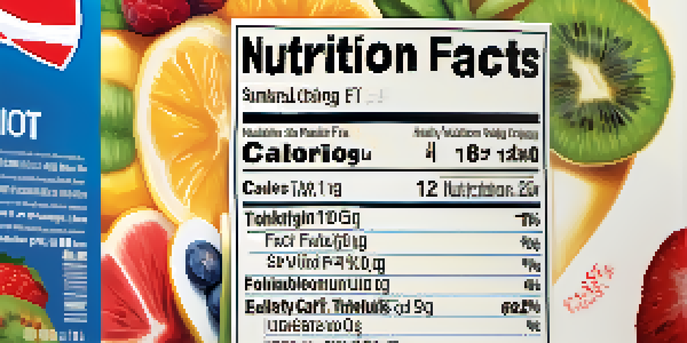 A close-up of a nutrition facts label on a cereal box, surrounded by colorful fruits to emphasize health.