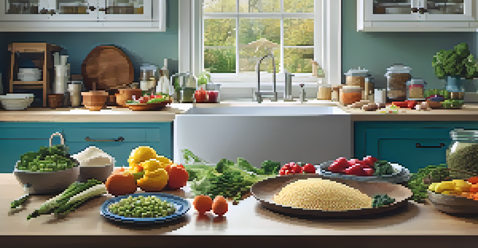 A kitchen countertop with fresh ingredients for a balanced meal, including grains, proteins, and vegetables.