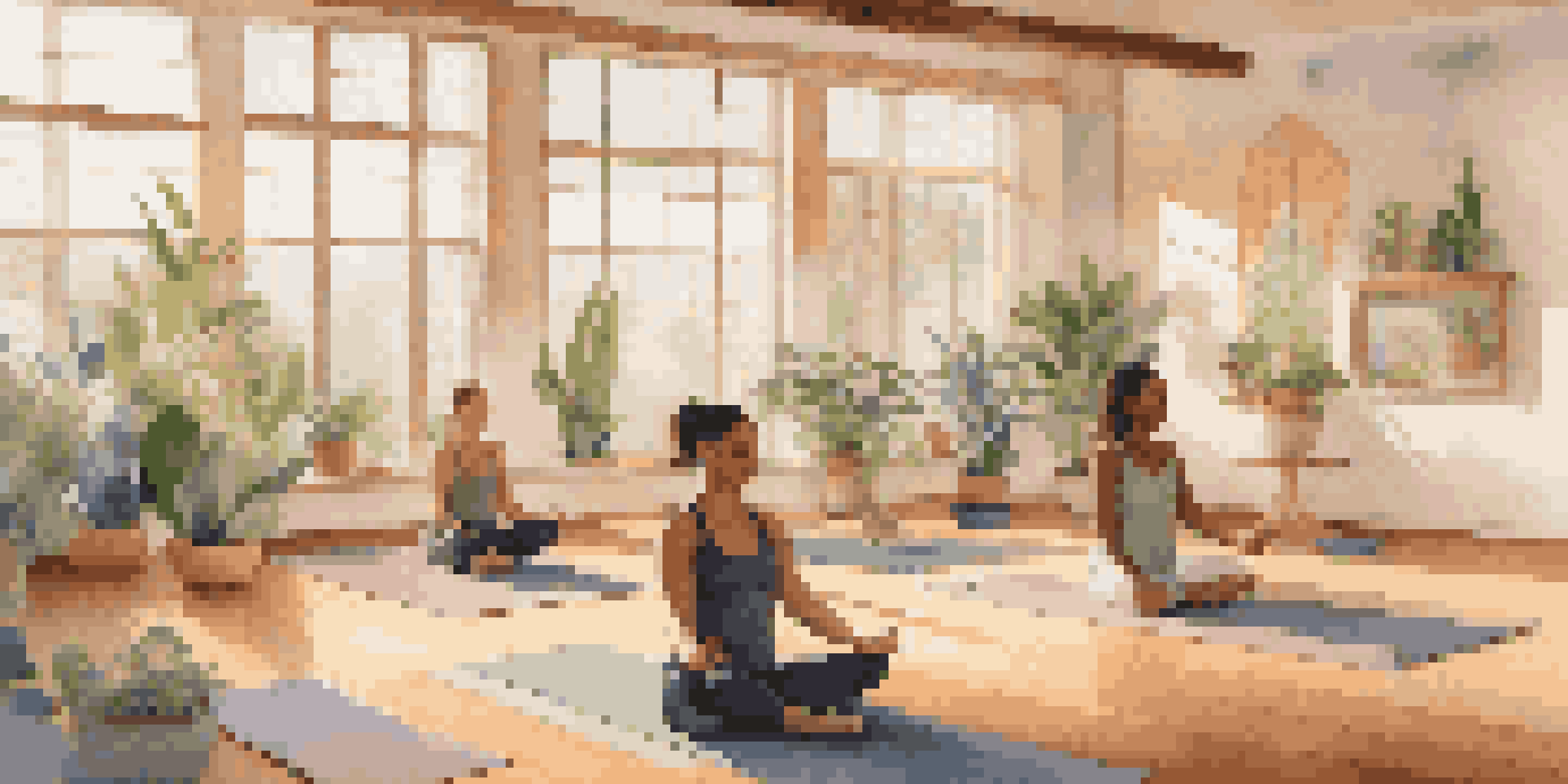 A peaceful yoga studio with natural light, where individuals of various backgrounds practice yoga, surrounded by plants and calming decor.