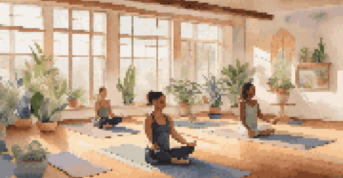 A peaceful yoga studio with natural light, where individuals of various backgrounds practice yoga, surrounded by plants and calming decor.