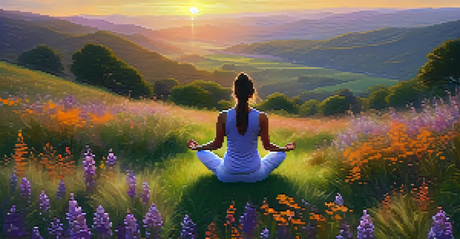 A person practicing yoga on a hill at sunrise with wildflowers and colorful sky.
