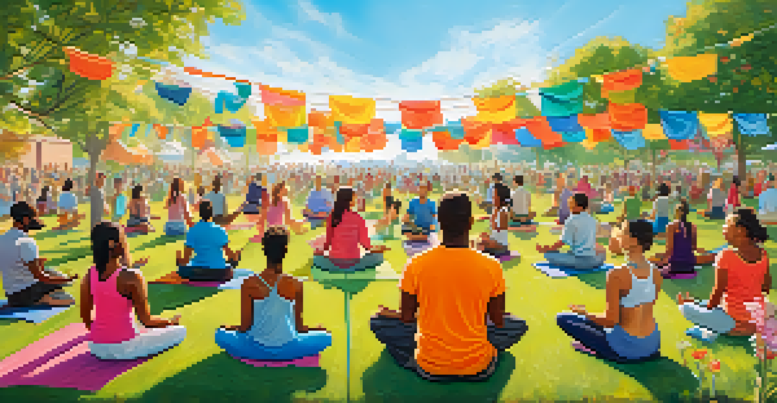 A lively community event in a park with people practicing yoga, painting, and chatting, showcasing diversity and joy.