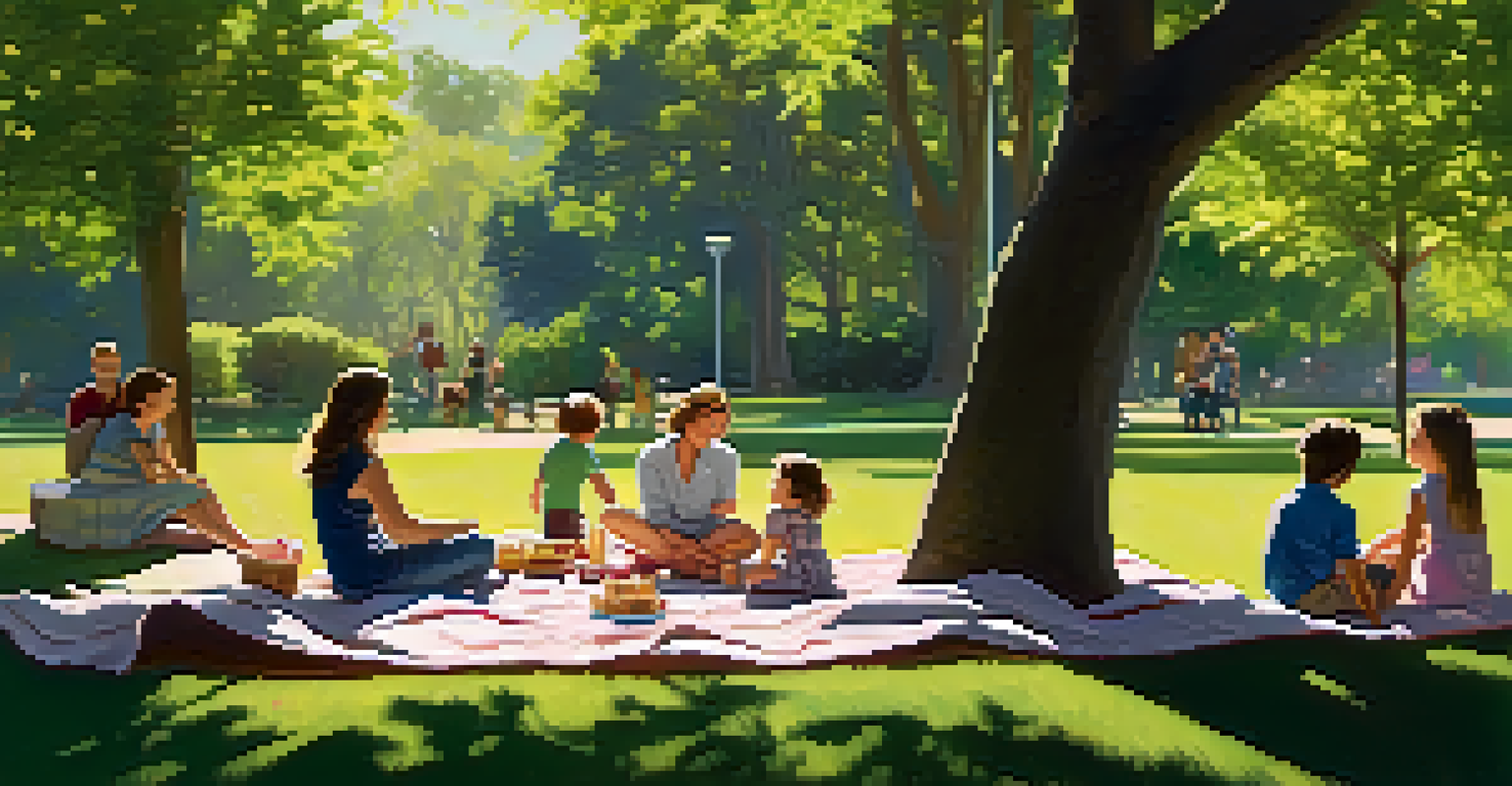 A family enjoying a picnic in the park, discussing health topics while children play nearby in a vibrant, green environment.