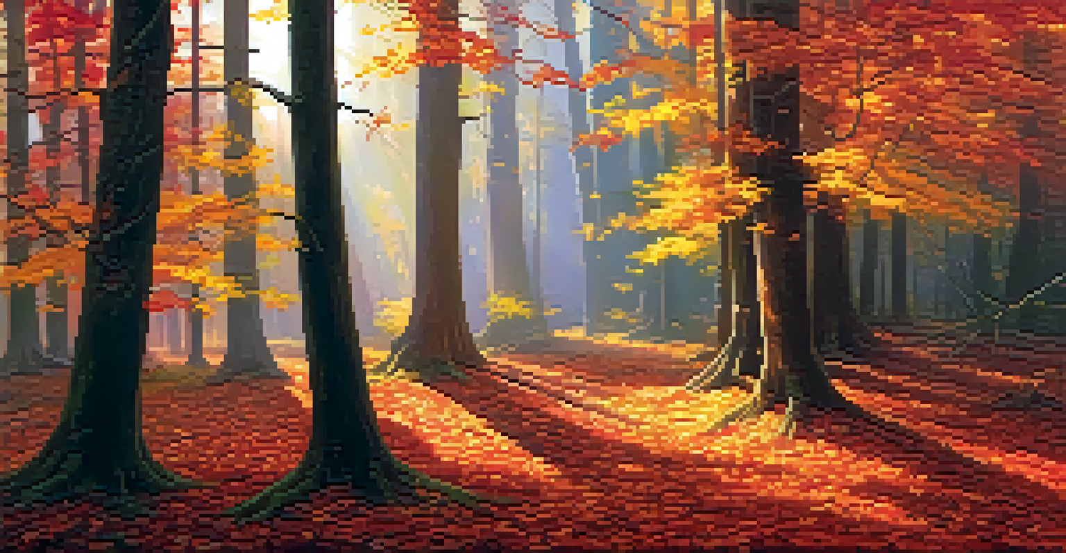 A beautiful autumn forest with colorful leaves, sunlight filtering through trees, and a carpet of leaves on the ground.