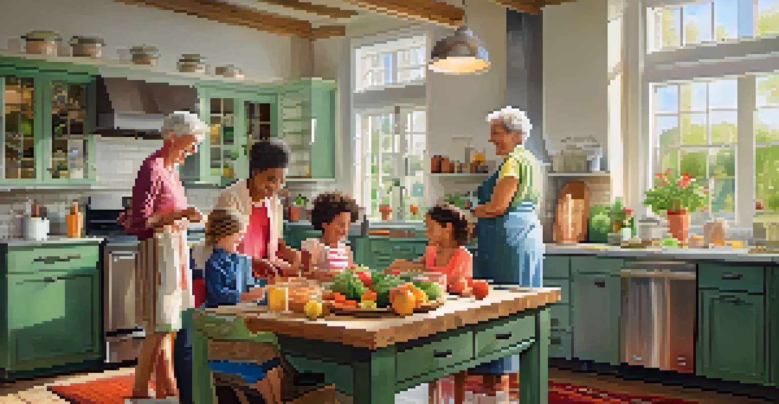 A multigenerational family preparing a healthy meal in a bright kitchen, with fresh vegetables and fruits on the counter, and everyone smiling and engaged.