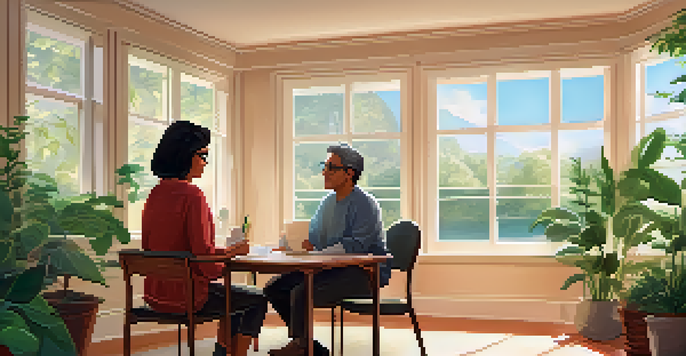 A health coach and a client engaging in a supportive conversation in a bright and welcoming room filled with plants and motivational decor.