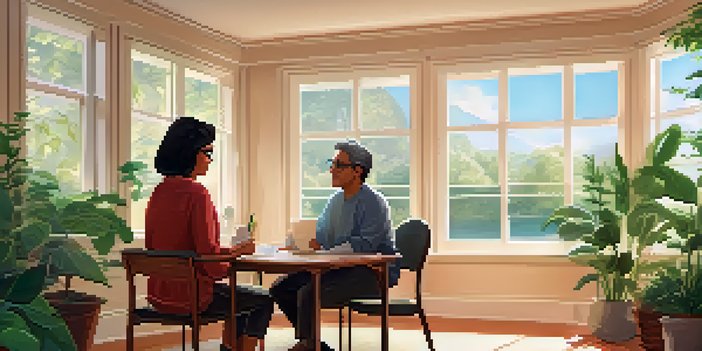 A health coach and a client engaging in a supportive conversation in a bright and welcoming room filled with plants and motivational decor.