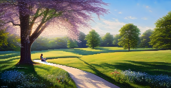 A person practicing yoga in a tranquil park surrounded by trees and wildflowers under a bright blue sky.