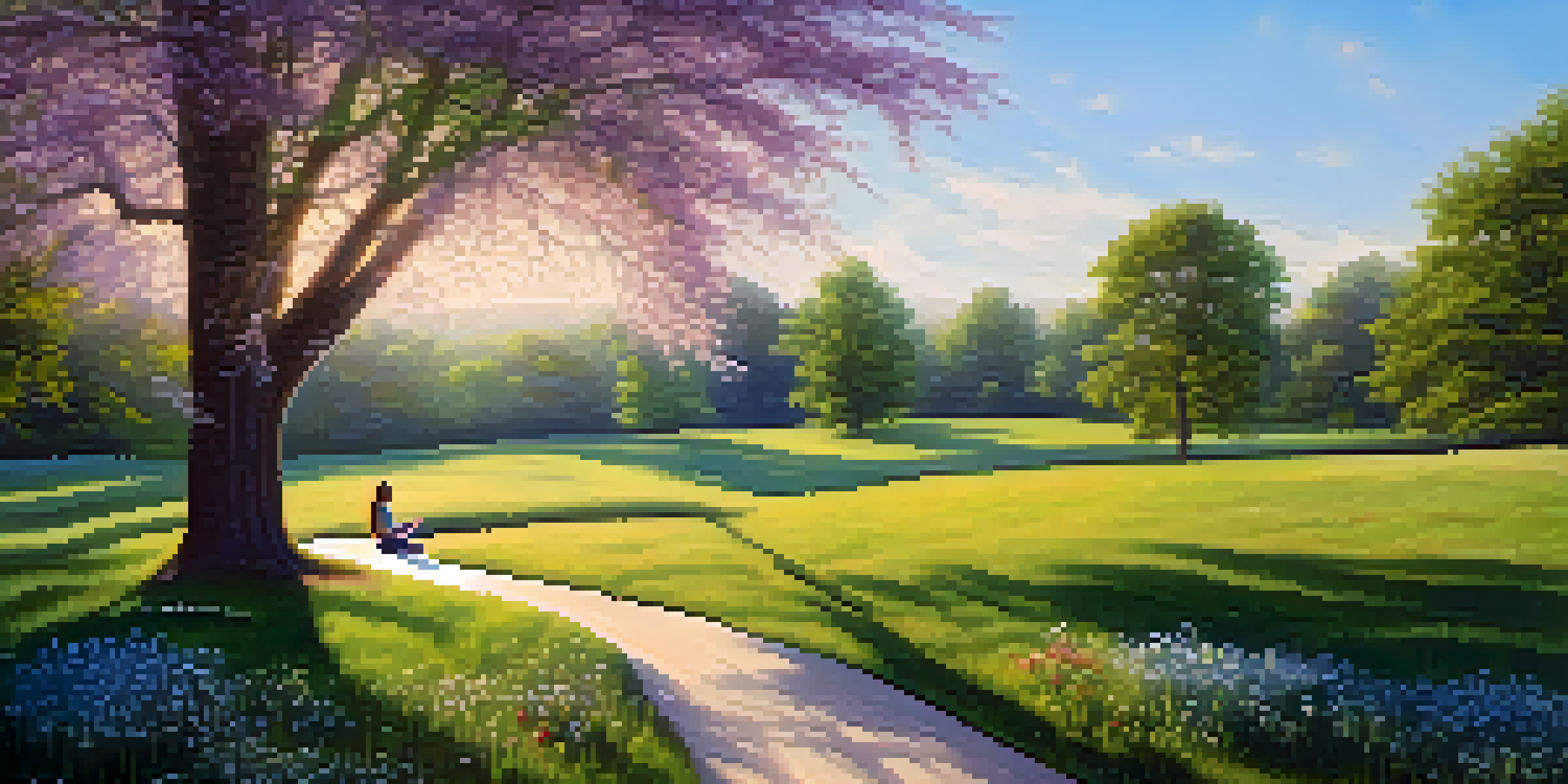 A person practicing yoga in a tranquil park surrounded by trees and wildflowers under a bright blue sky.