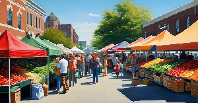 A busy farmer's market with various colorful fruits and vegetables being sold under a bright sky.