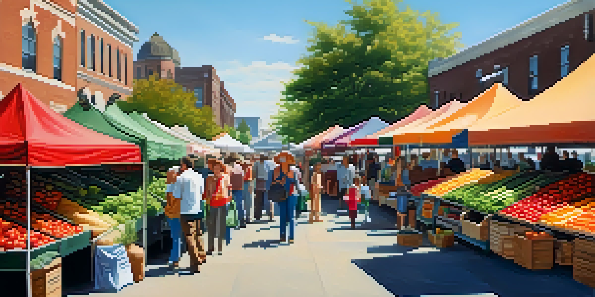 A busy farmer's market with various colorful fruits and vegetables being sold under a bright sky.