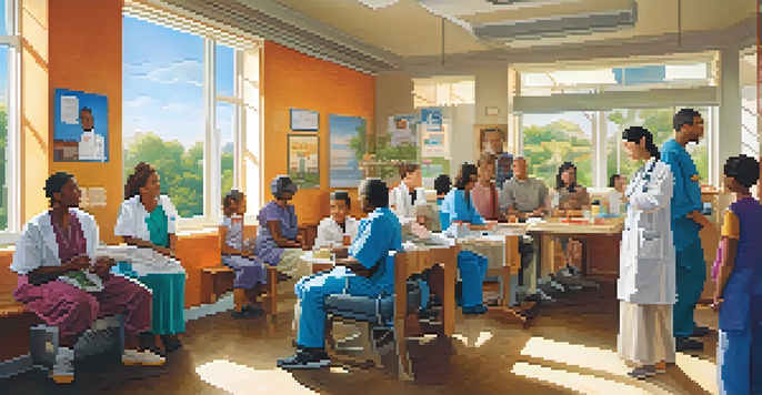 A diverse family receiving preventive healthcare advice in a bright clinic with colorful health posters.