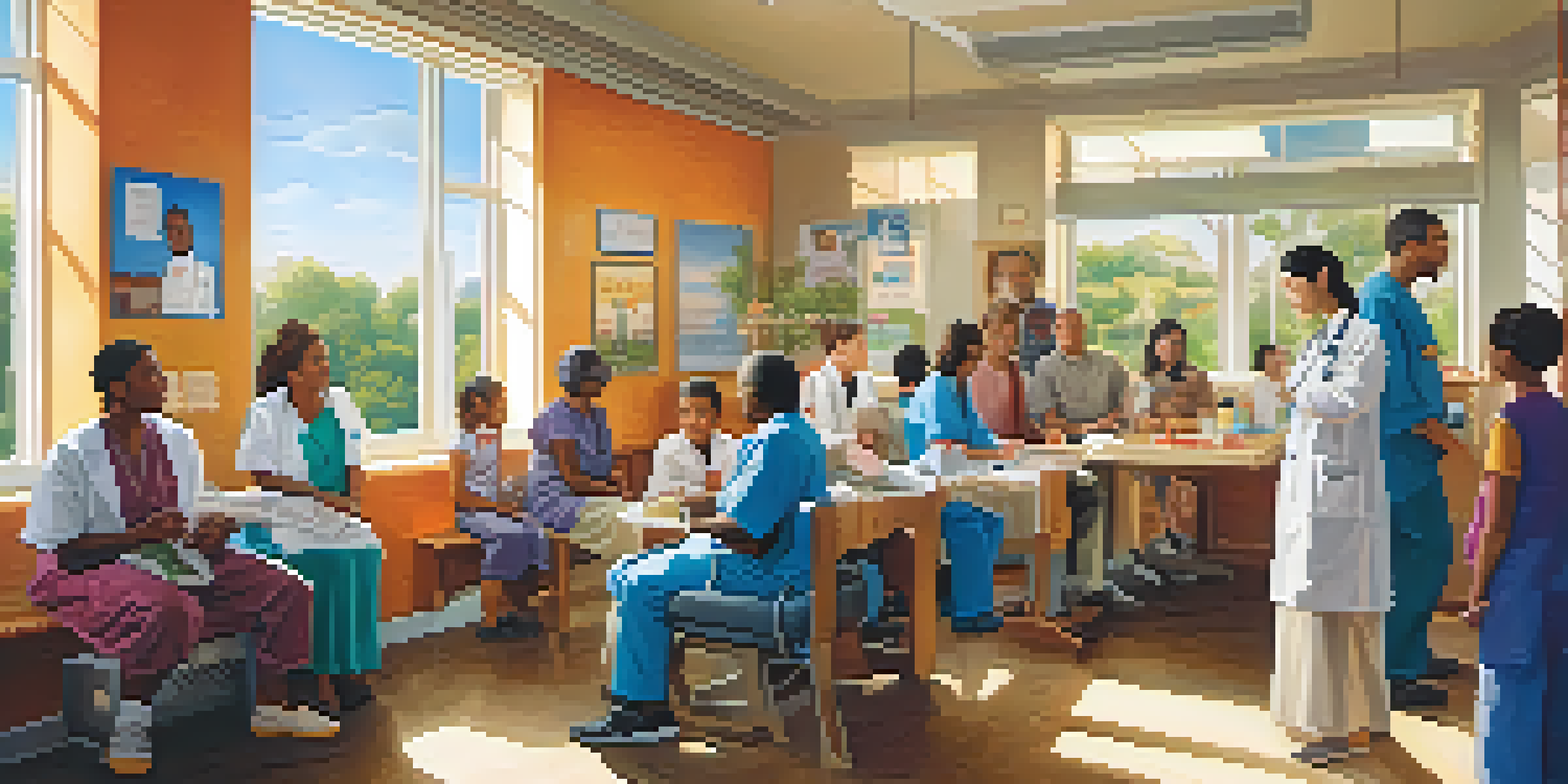 A diverse family receiving preventive healthcare advice in a bright clinic with colorful health posters.