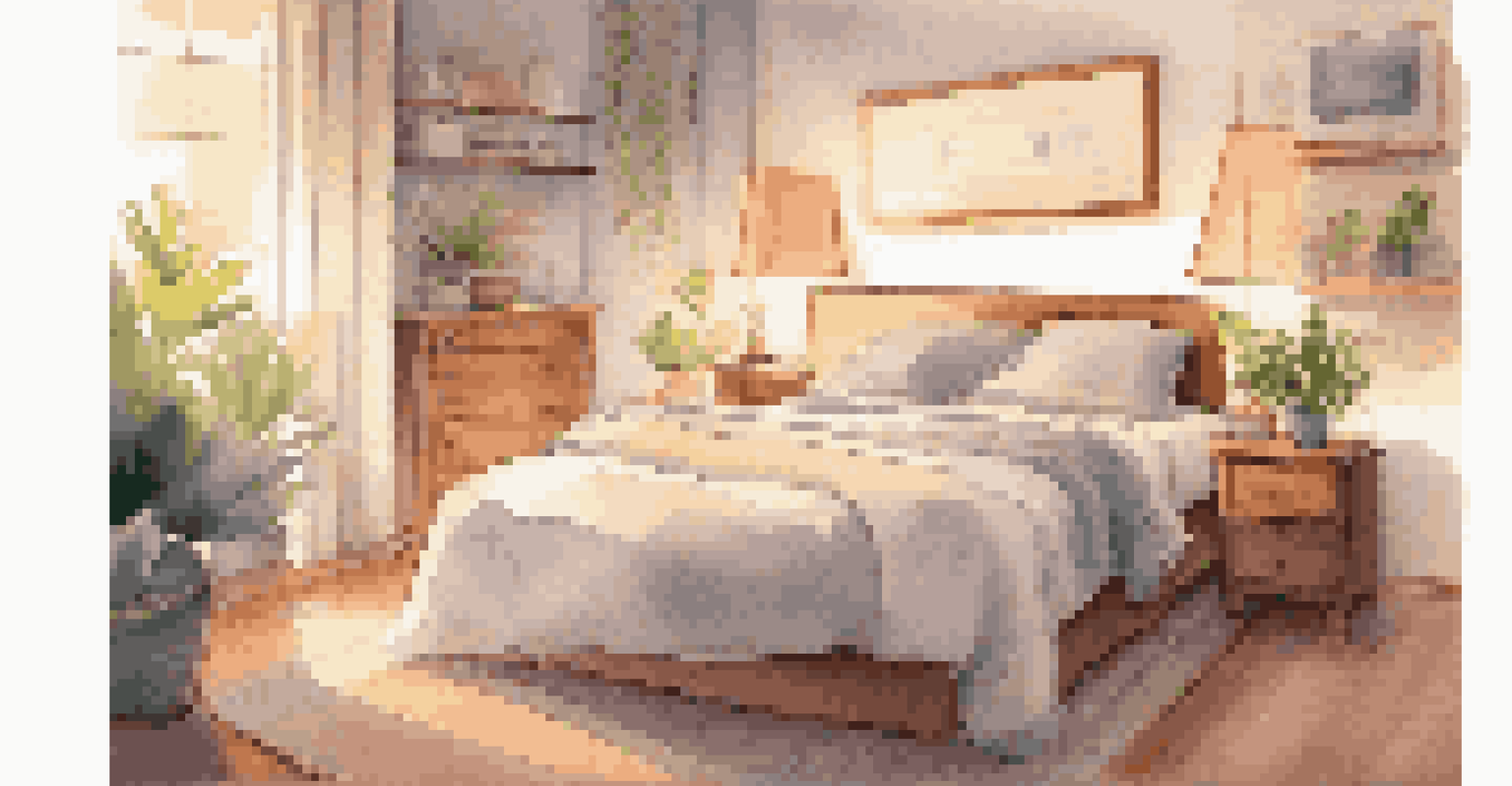 A cozy bedroom with a neatly made bed, soft lighting, a book, and a candle on the bedside table.