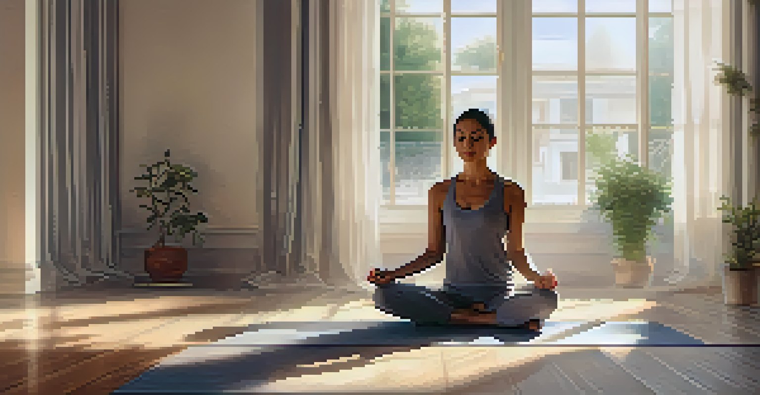 A person meditating peacefully on a yoga mat in a sunlit room with calming decor.