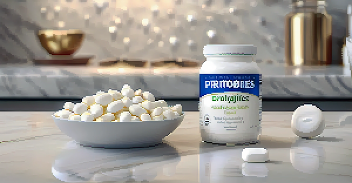 A close-up of a probiotic supplement bottle next to yogurt and capsules on a marble surface.