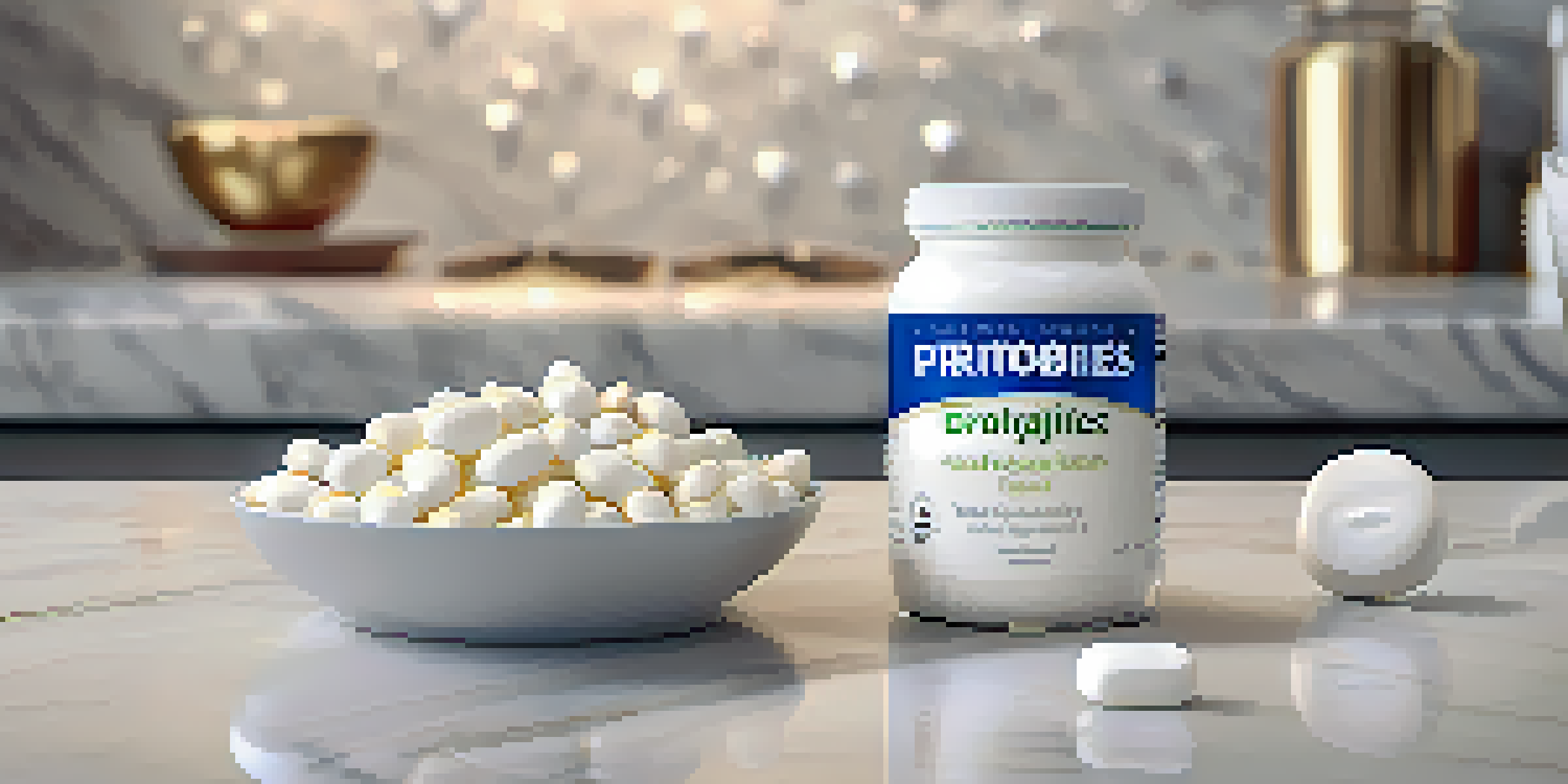 A close-up of a probiotic supplement bottle next to yogurt and capsules on a marble surface.