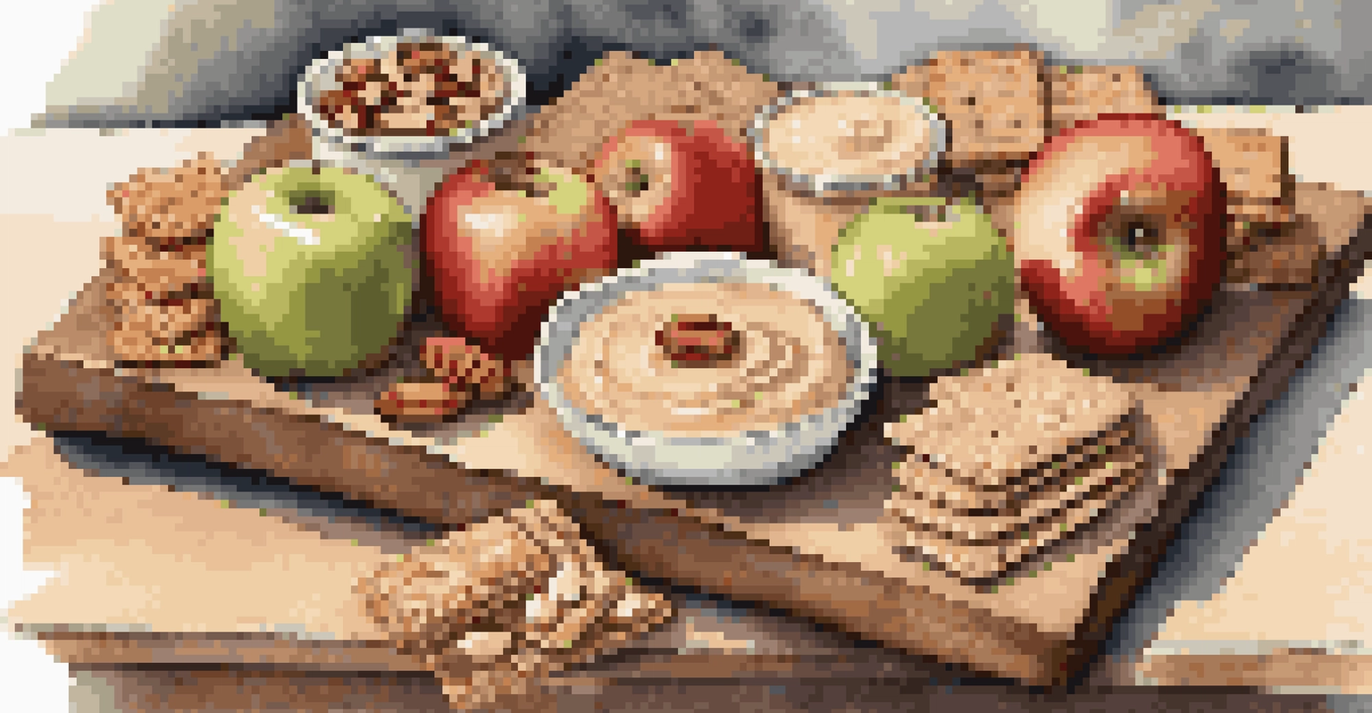 A wooden platter displaying healthy snacks like apple slices with almond butter and whole-grain crackers with hummus.
