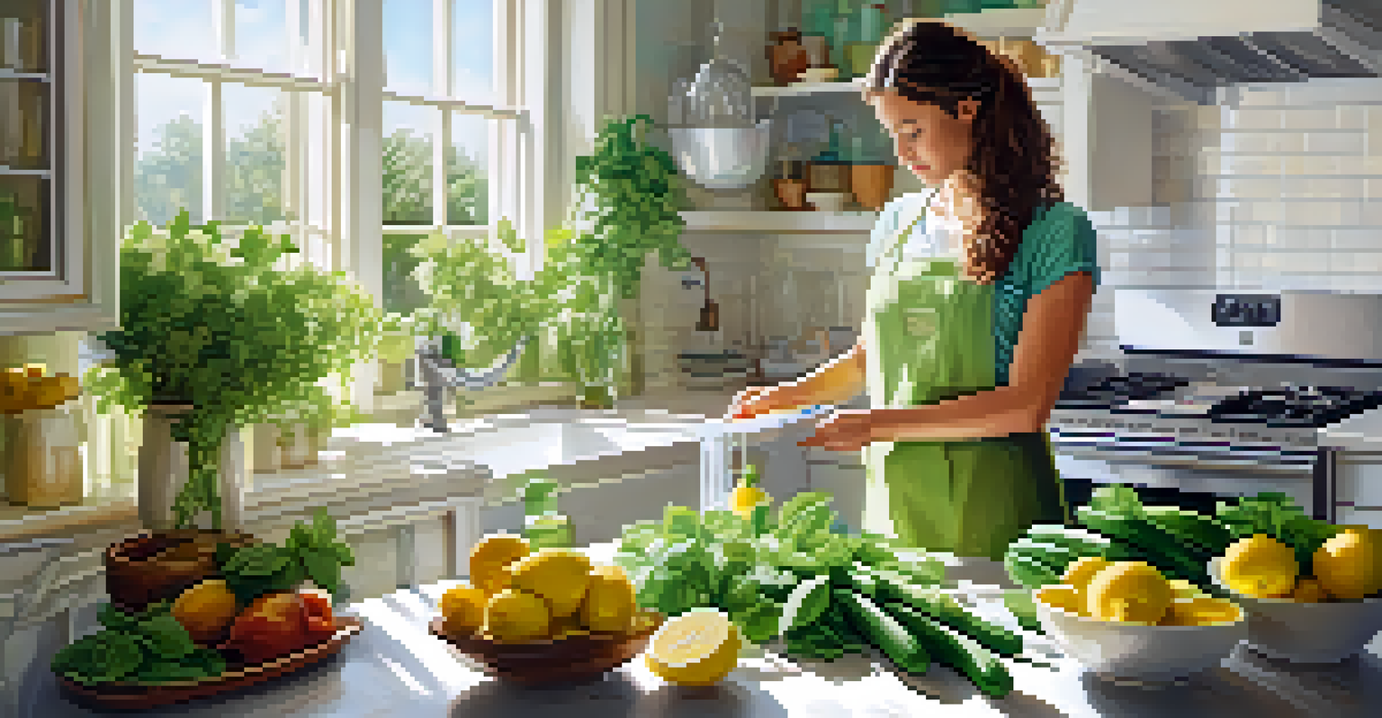 A person pouring water with fresh ingredients like cucumbers and lemons in a bright kitchen.