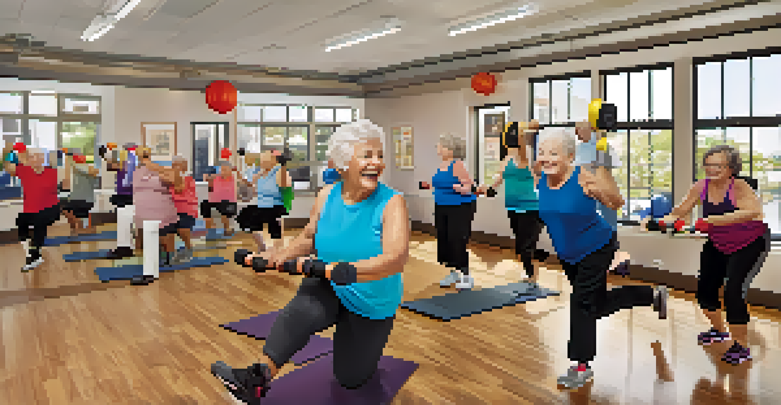 Seniors engaged in a strength training class at a community center, showcasing a lively and inclusive environment.