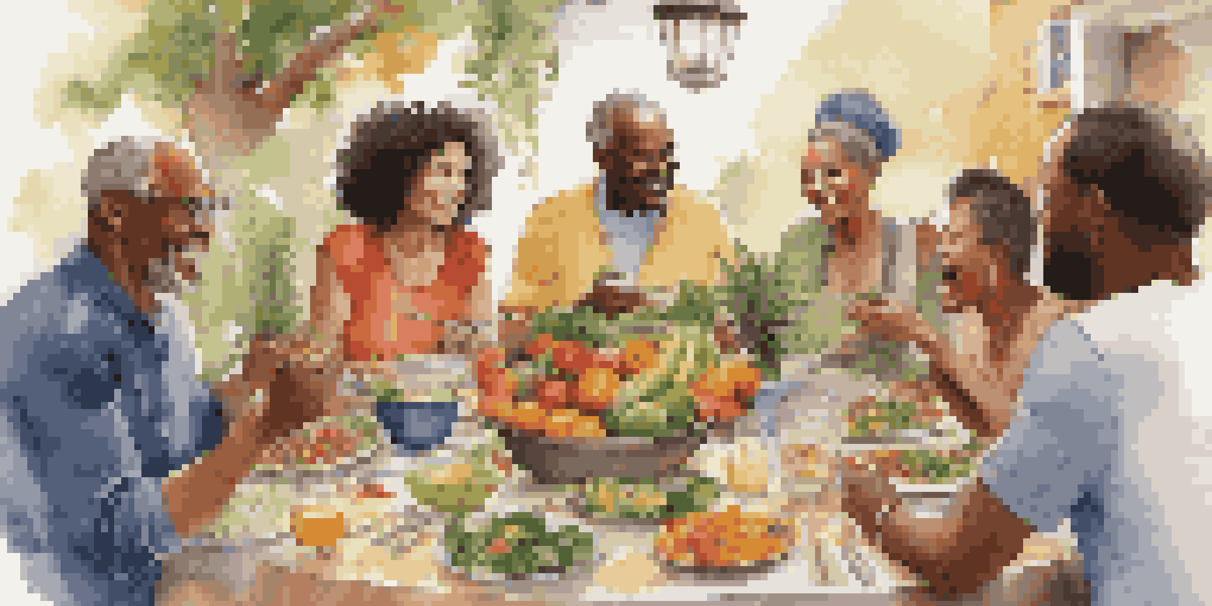 A diverse group of people sharing healthy recipes at a table filled with fruits and vegetables, with a warm and inviting atmosphere.